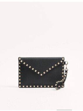 Valentino Black Leather Studded Envelope Wristlet with Silver Hardware